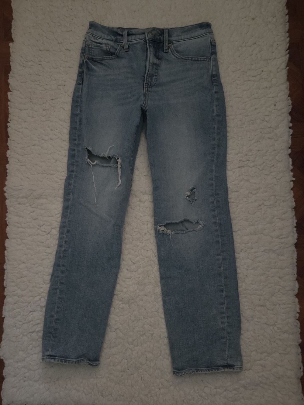 Women's Light Blue High-Rise Distressed Straight-Leg Jeans